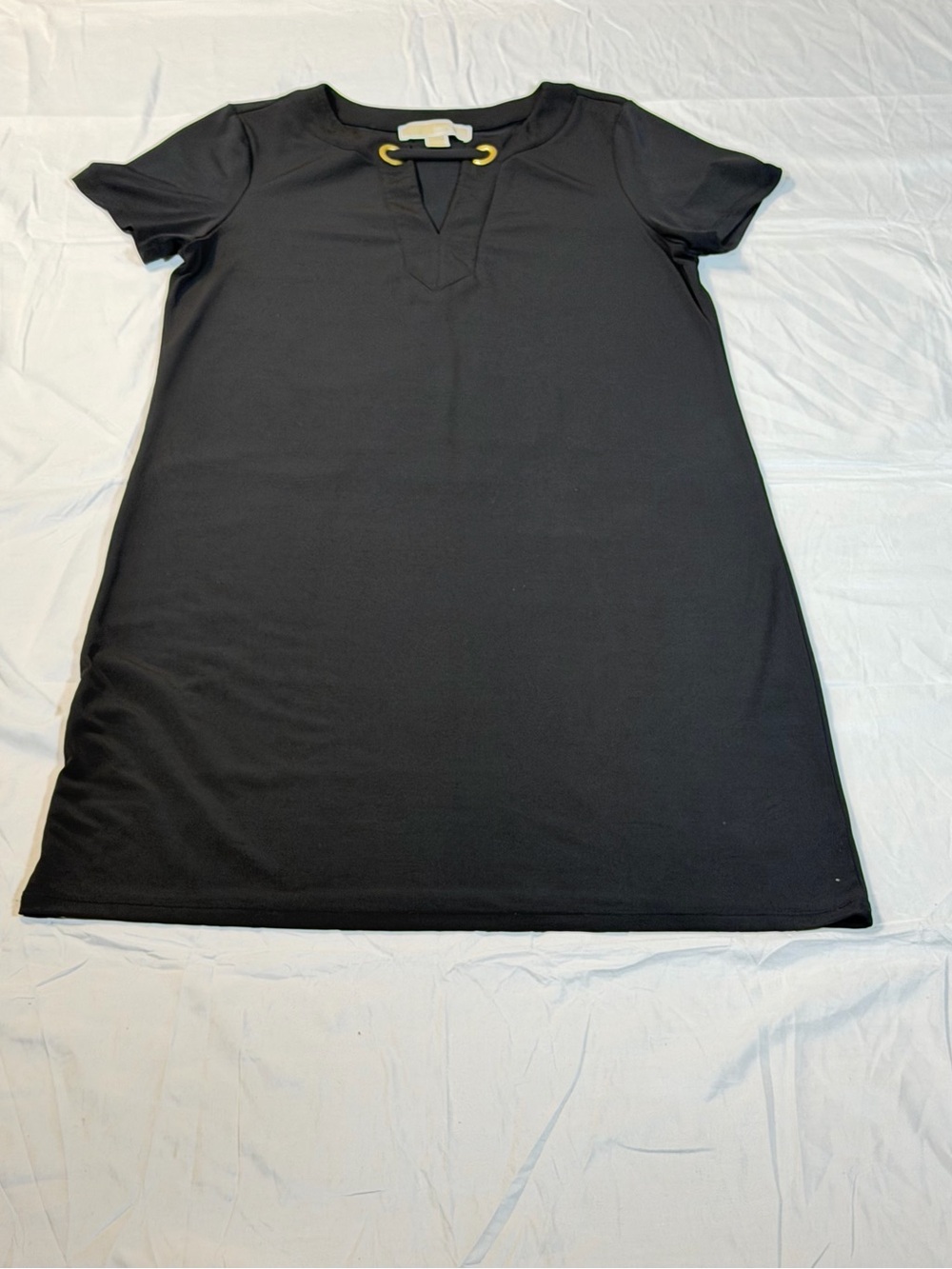 Michael Kors Black Shift Dress Gold Hardware Keyhole Grommet Short Sleeve LBD S